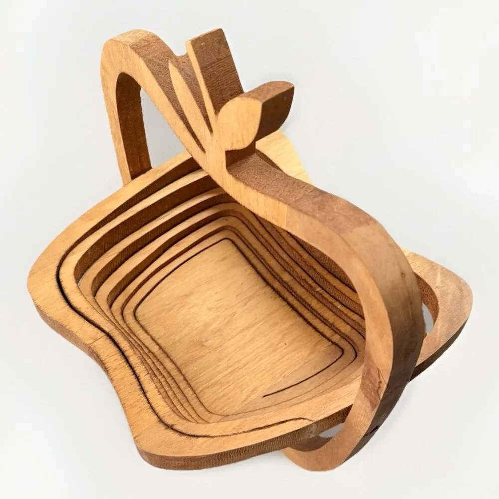 Collapsible Wooden Dry Fruit Basket Apple Shaped Kitchen Storage
